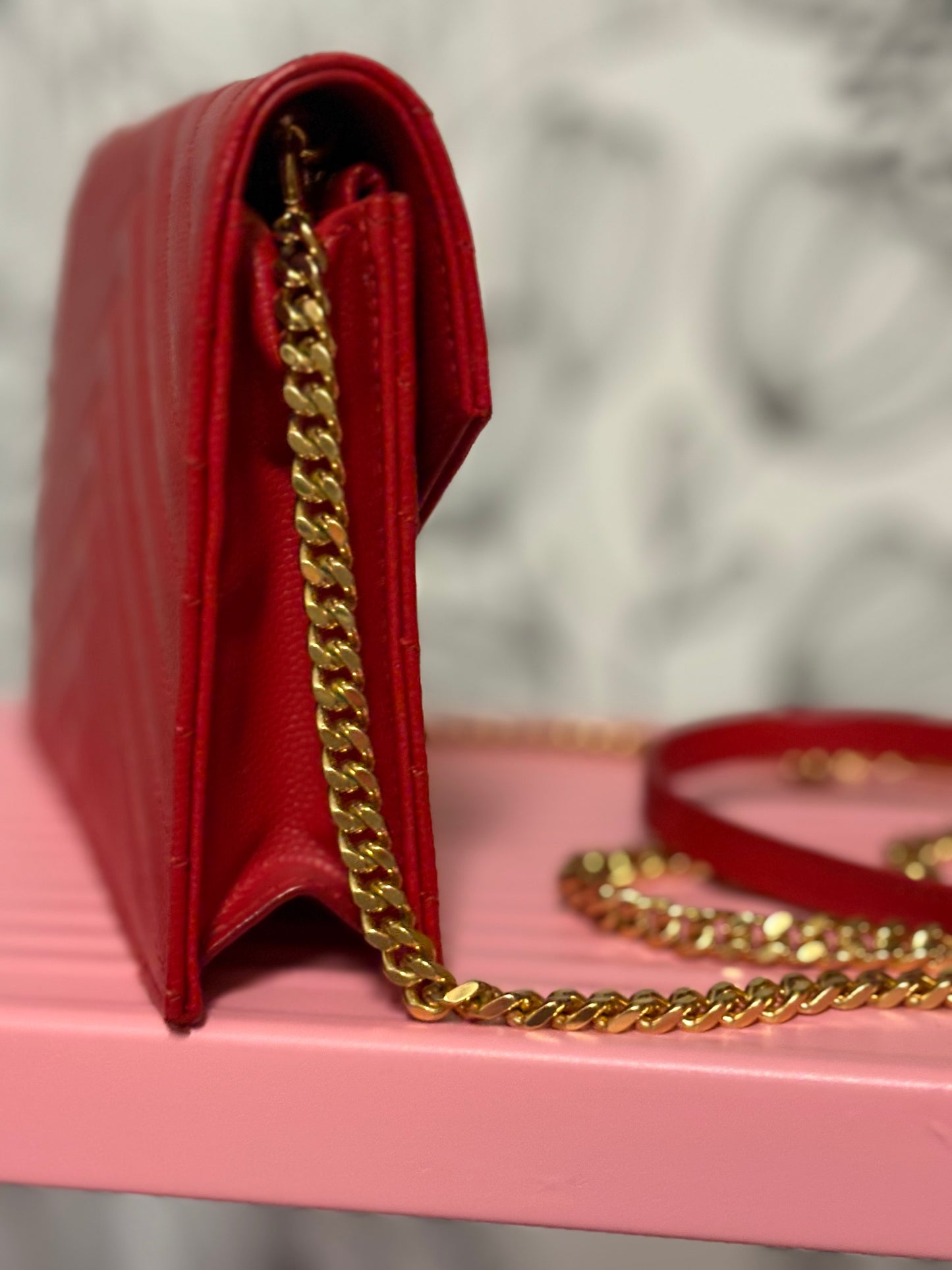 Saint Laurent Cassandre Envelope Chain Wallet in Lambskin – Deeply Red
Current Retail: $1,500 + tax (direct from YSL)