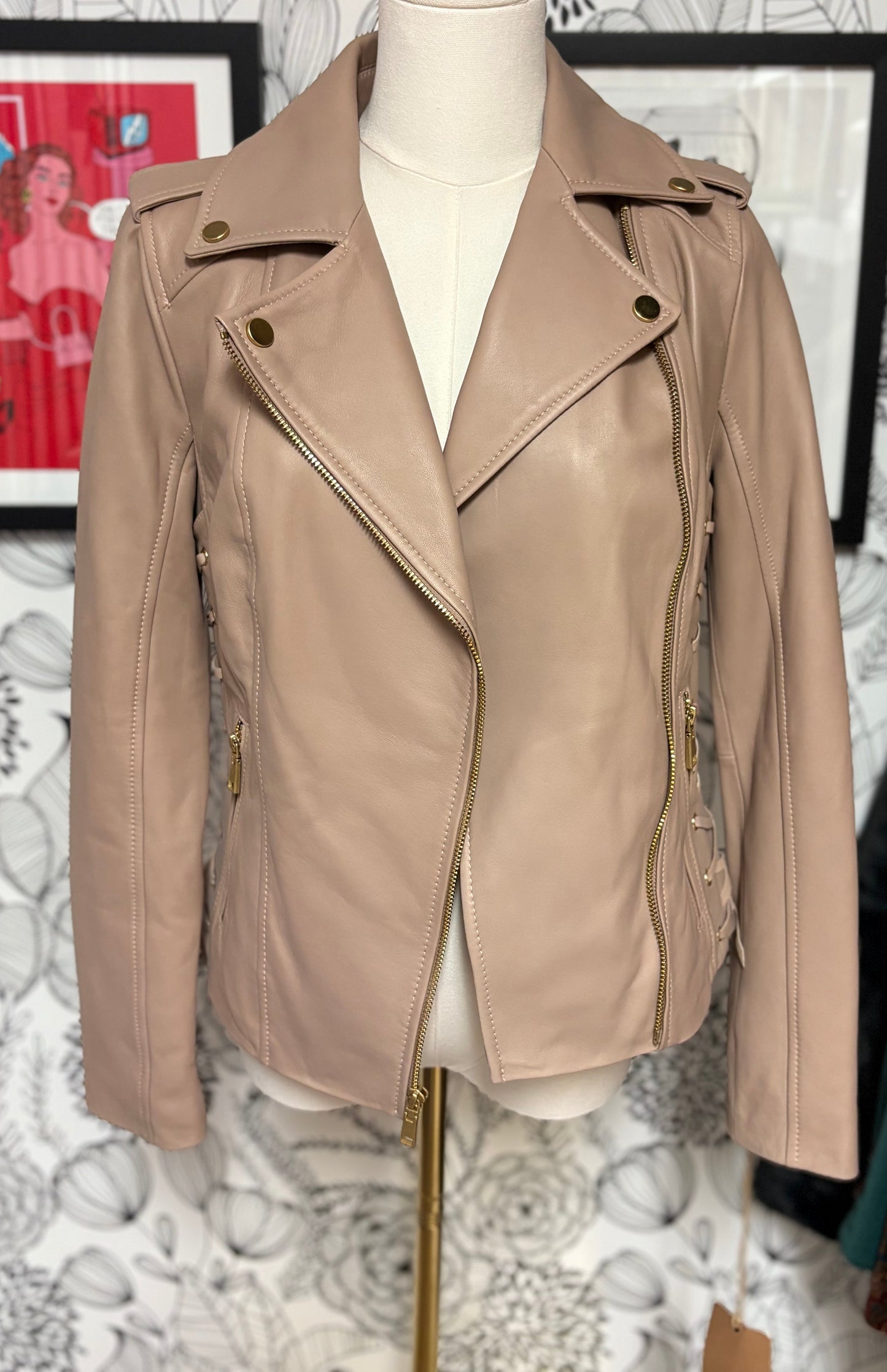 Genuine Leather Lace-Up Moto Jacket – Blush Nude (XS)