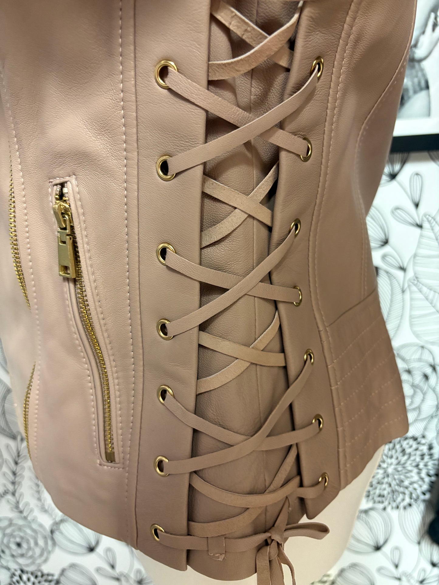 Genuine Leather Lace-Up Moto Jacket – Blush Nude (XS)