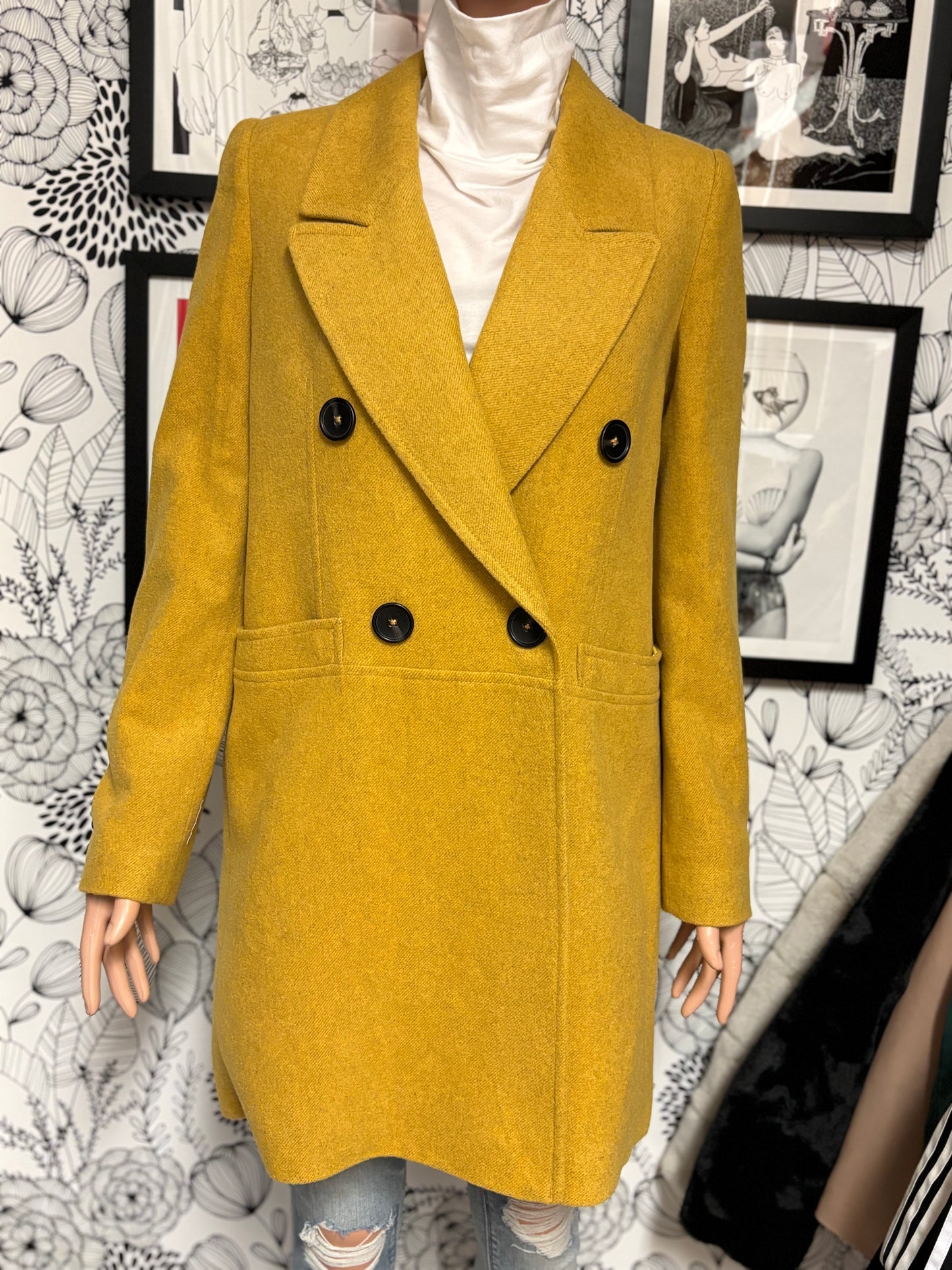 MNG Mango Mustard Yellow Double Breasted Wool Coat – New With Tags