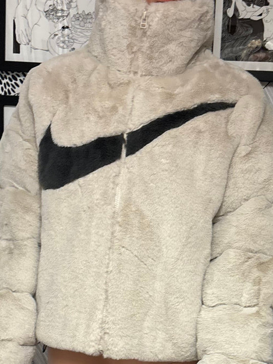 Nike Sportswear Women’s Faux-Fur Swoosh Puffer Jacket – Fossil/Black (Rare, Size Small)