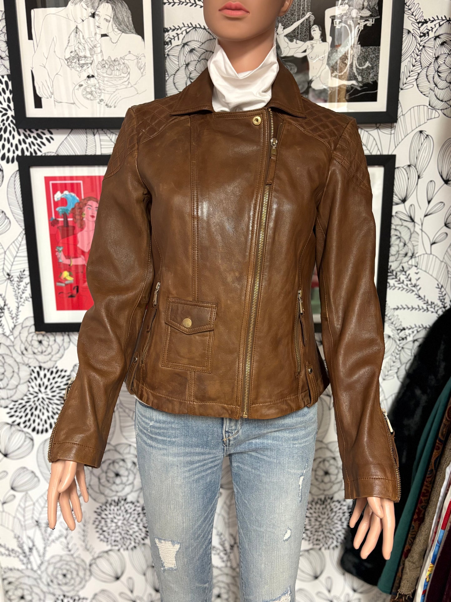 Tommy Hilfiger Genuine Leather Moto Jacket – Cognac Brown – Size S – NWT