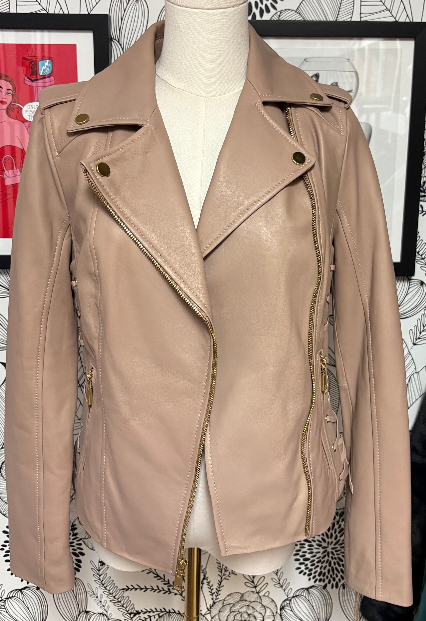 Genuine Leather Lace-Up Moto Jacket – Blush Nude (XS)