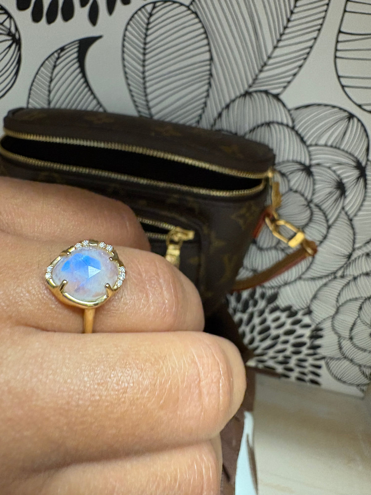 Sirciam Aphenos Rainbow Moonstone & Diamond Ring size 7– Handmade 14K Gold