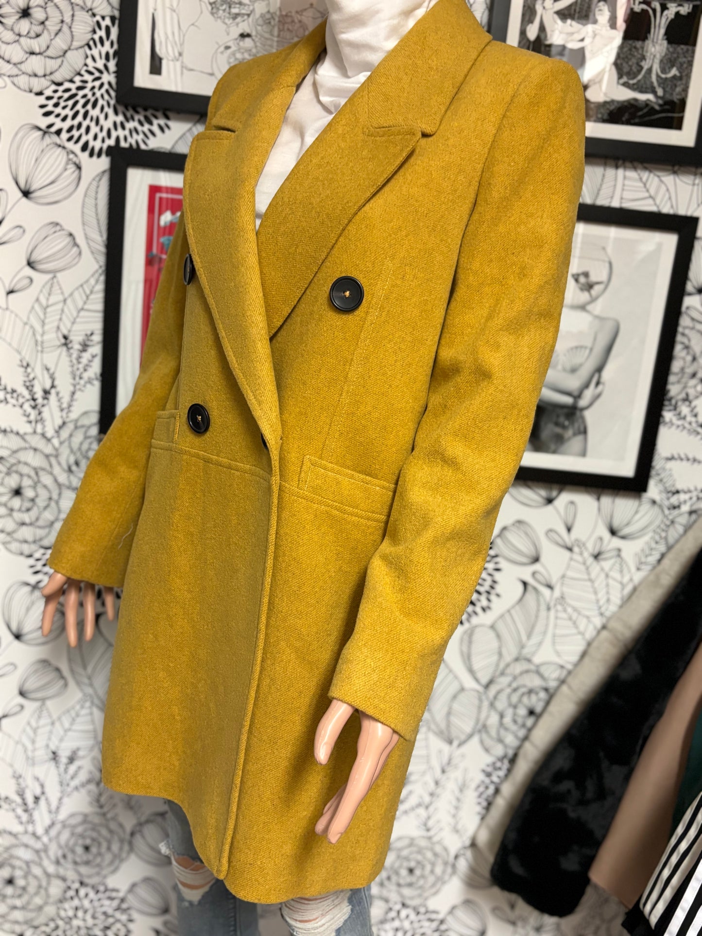 MNG Mango Mustard Yellow Double Breasted Wool Coat – New With Tags