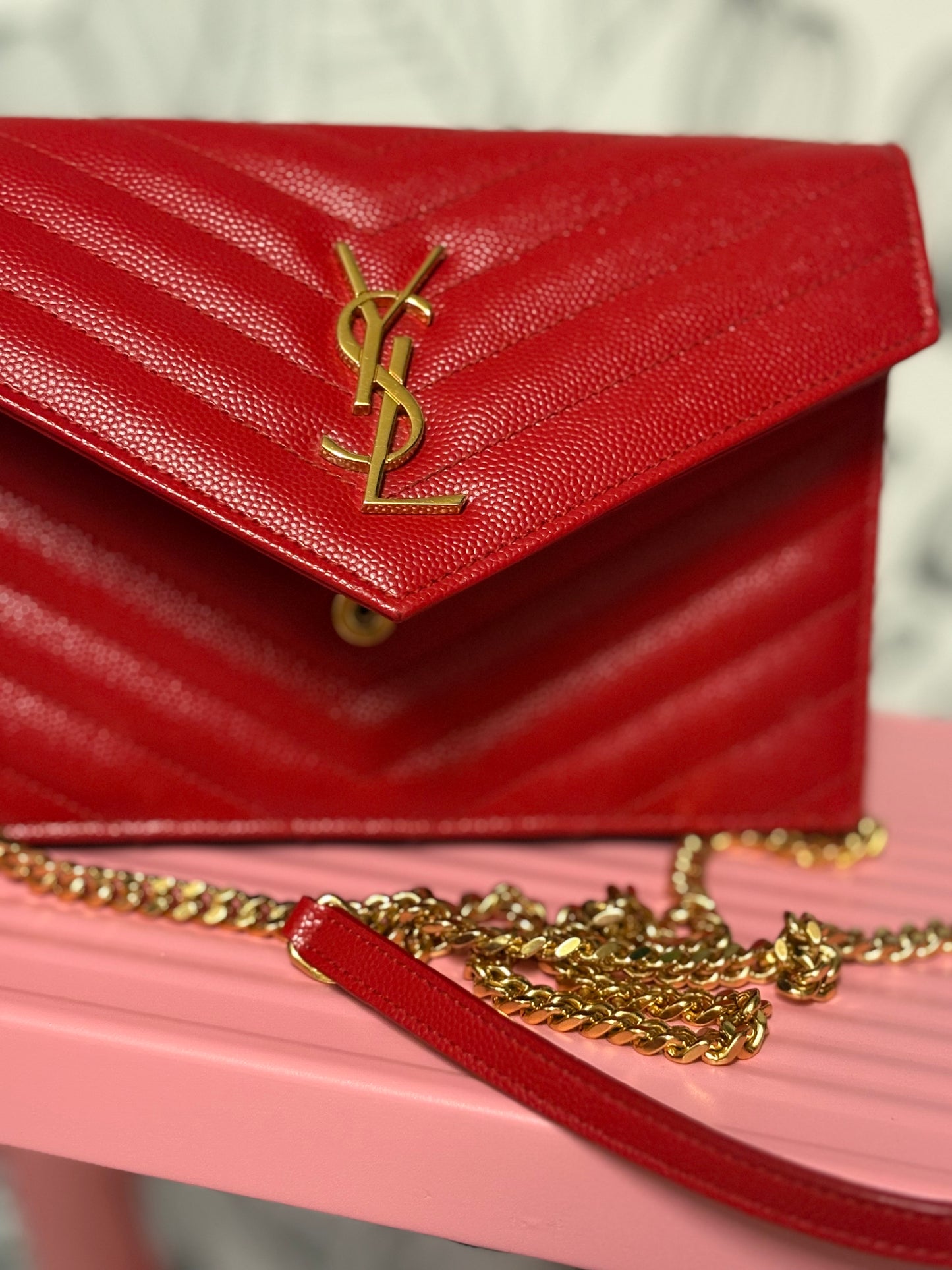 Saint Laurent Cassandre Envelope Chain Wallet in Lambskin – Deeply Red

Current Retail: $1,500 + tax (direct from YSL)