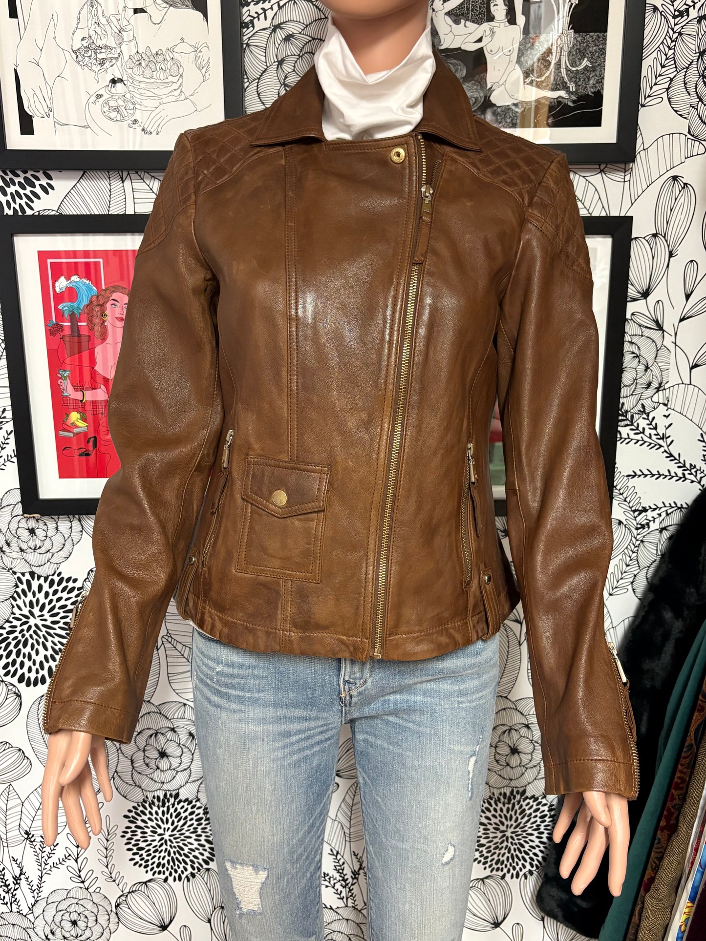 Tommy Hilfiger Genuine Leather Moto Jacket – Cognac Brown – Size S – NWT