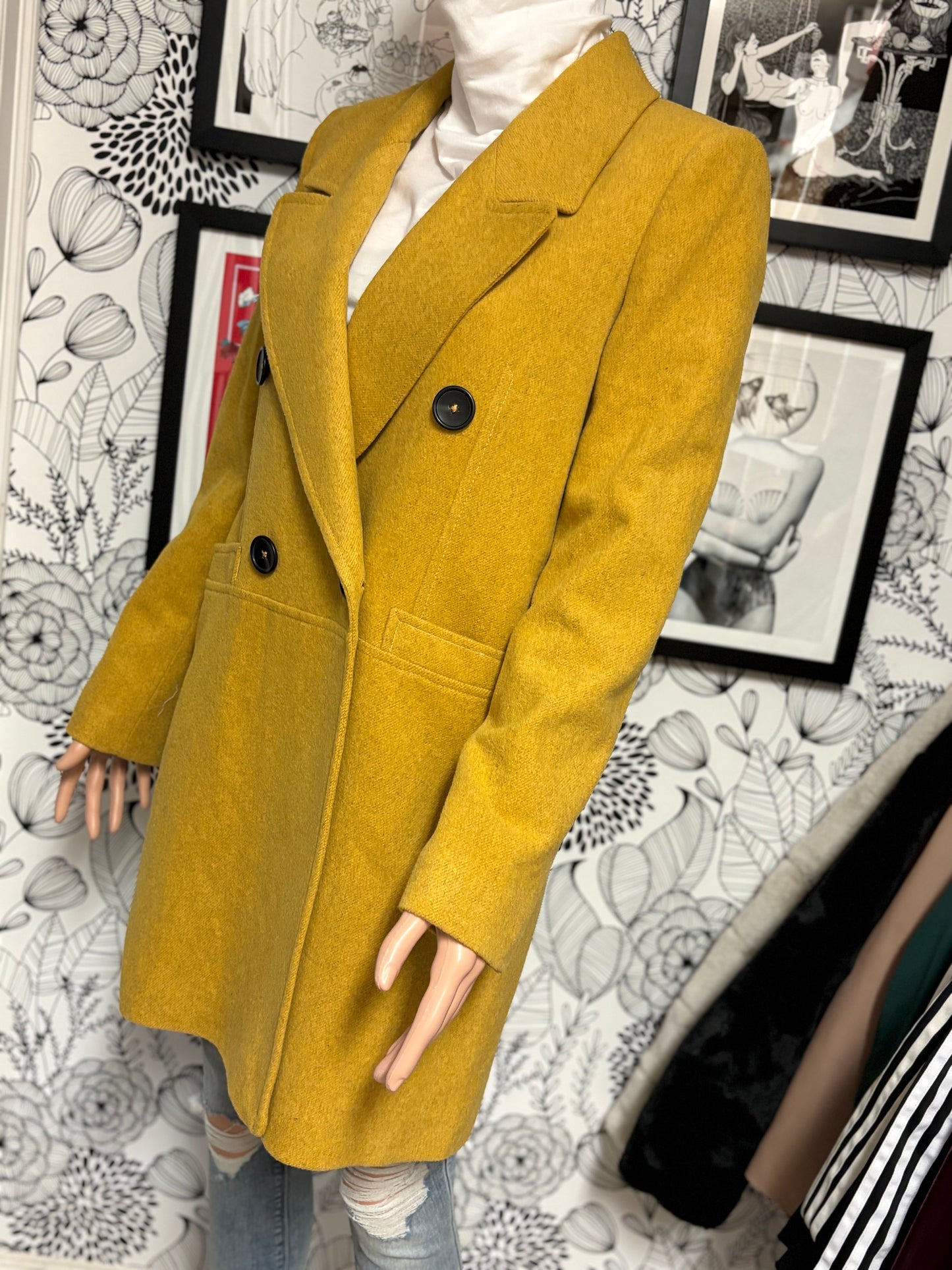 MNG Mango Mustard Yellow Double Breasted Wool Coat – New With Tags
