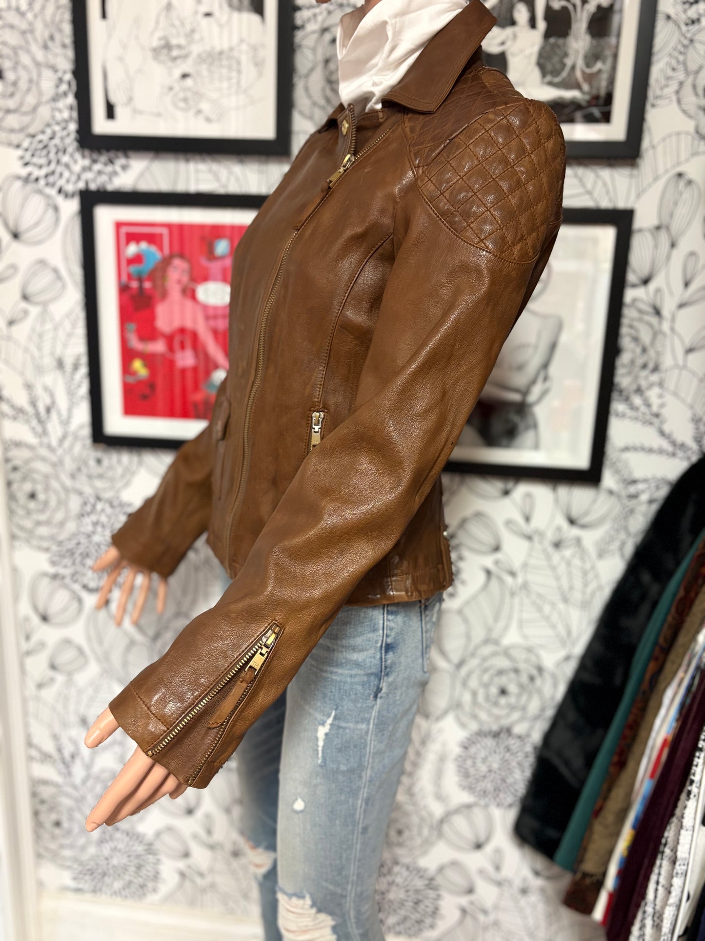 Tommy Hilfiger Genuine Leather Moto Jacket – Cognac Brown – Size S – NWT