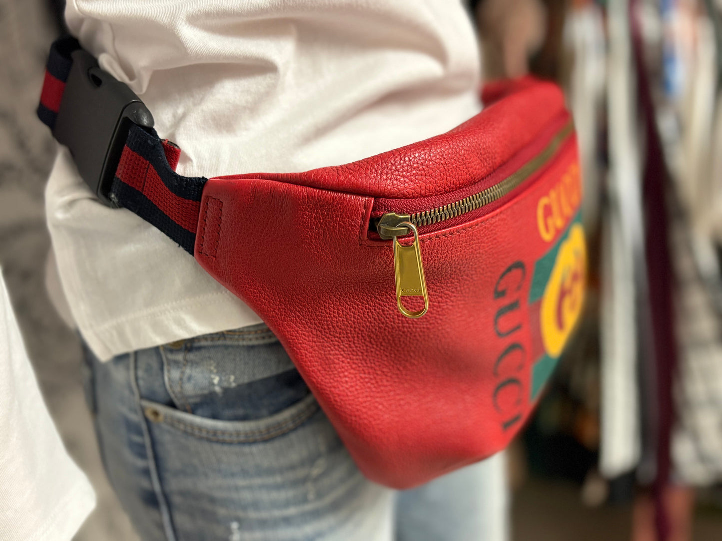 Gucci Grained Calfskin Large Logo Belt Bag – Hibiscus Red