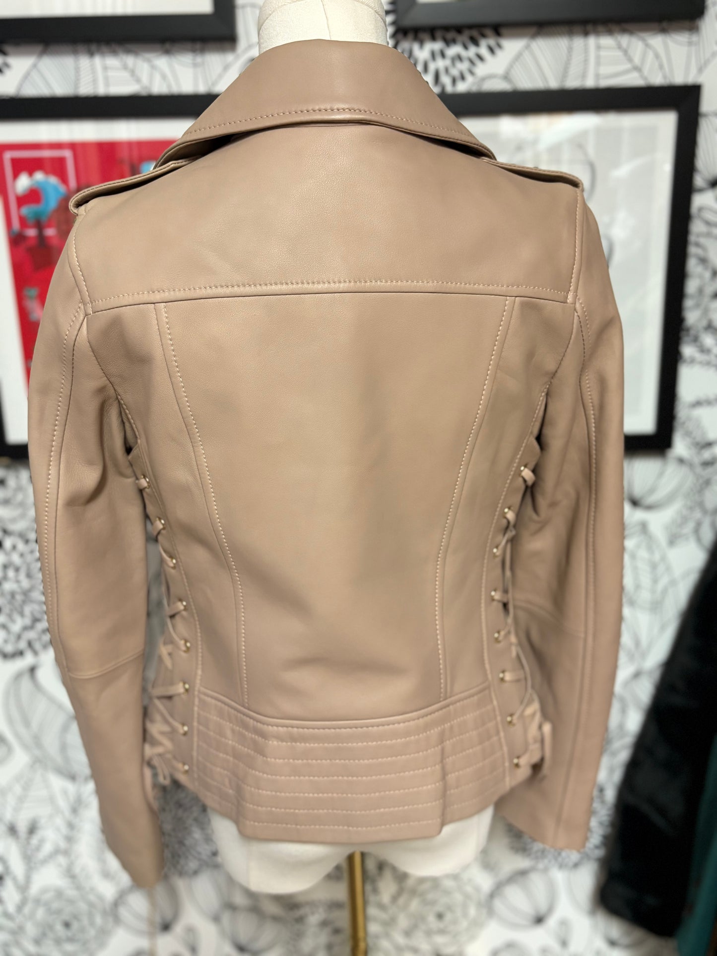 Genuine Leather Lace-Up Moto Jacket – Blush Nude (XS)