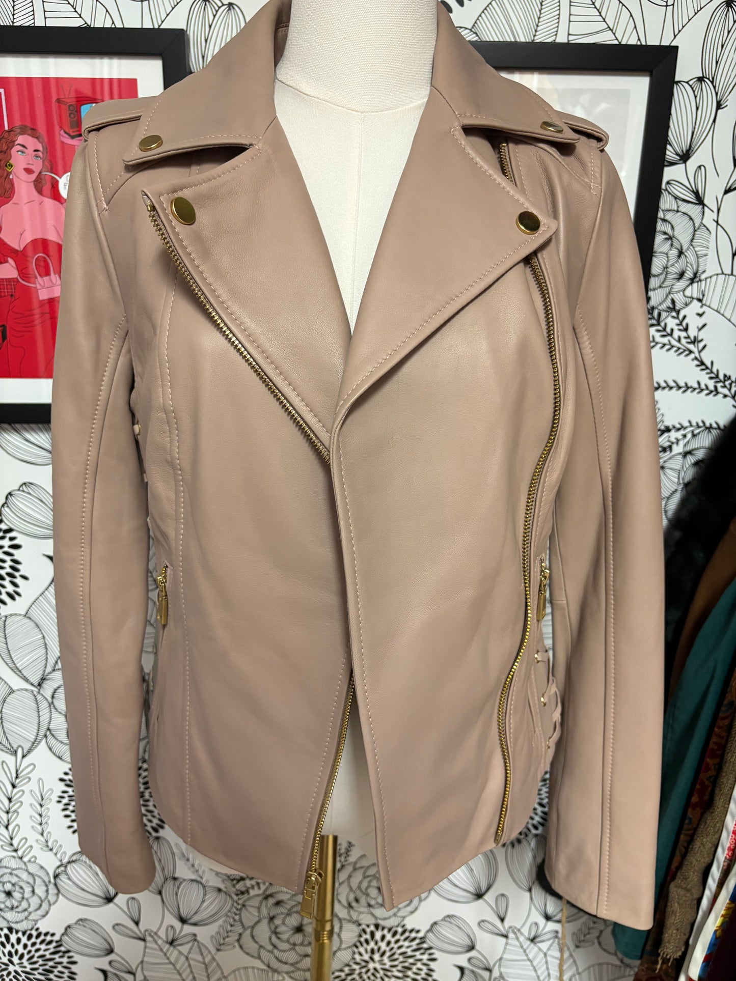 Genuine Leather Lace-Up Moto Jacket – Blush Nude (XS)