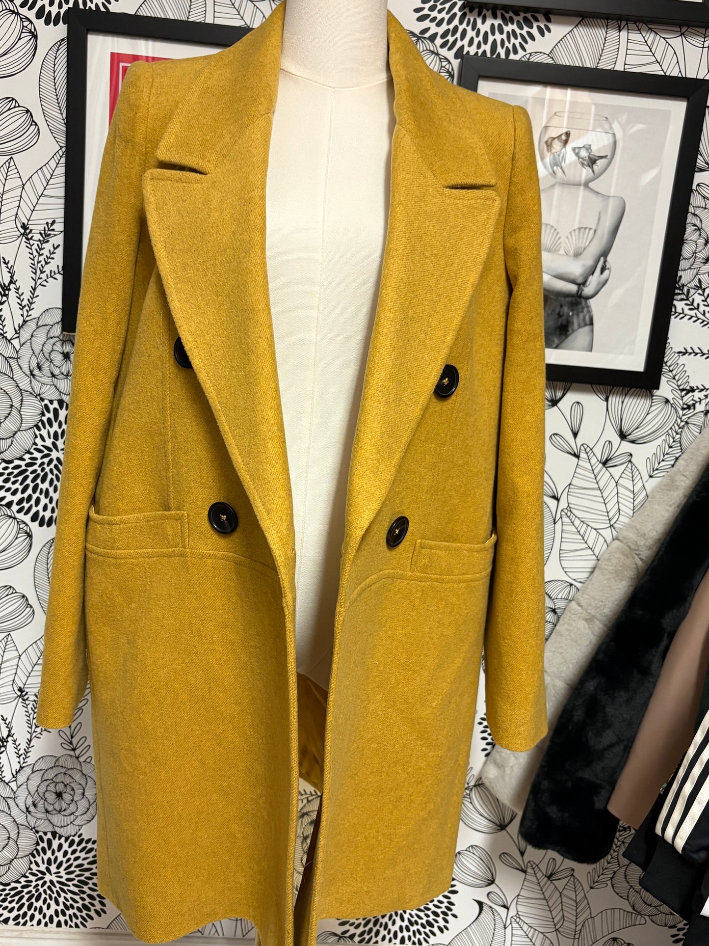 MNG Mango Mustard Yellow Double Breasted Wool Coat – New With Tags