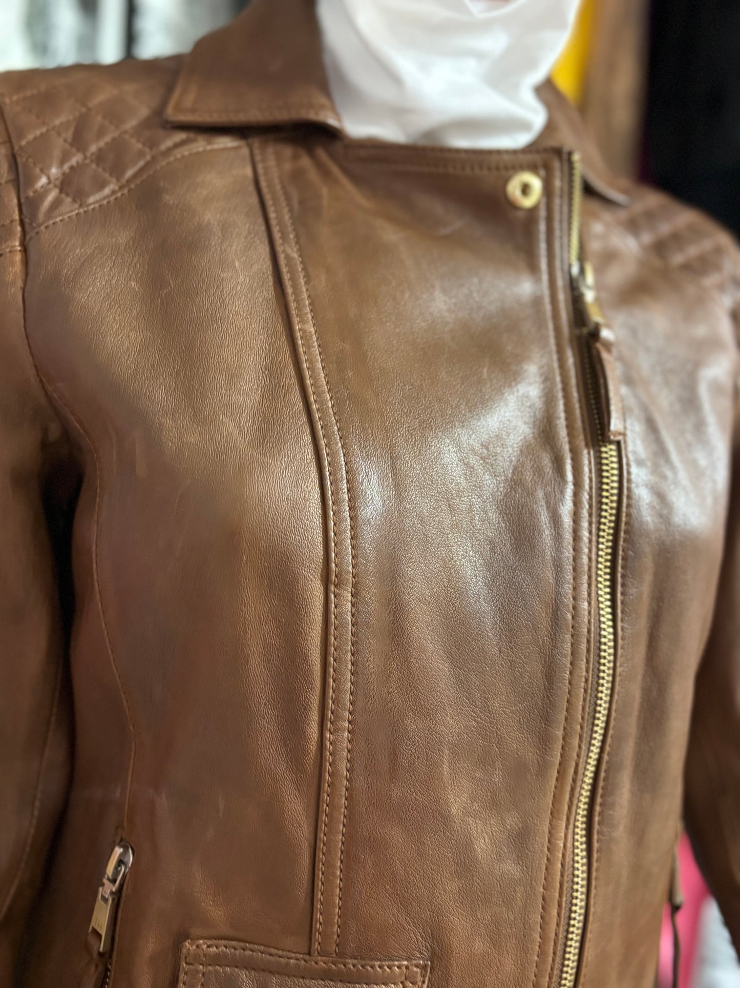 Tommy Hilfiger Genuine Leather Moto Jacket – Cognac Brown – Size S – NWT