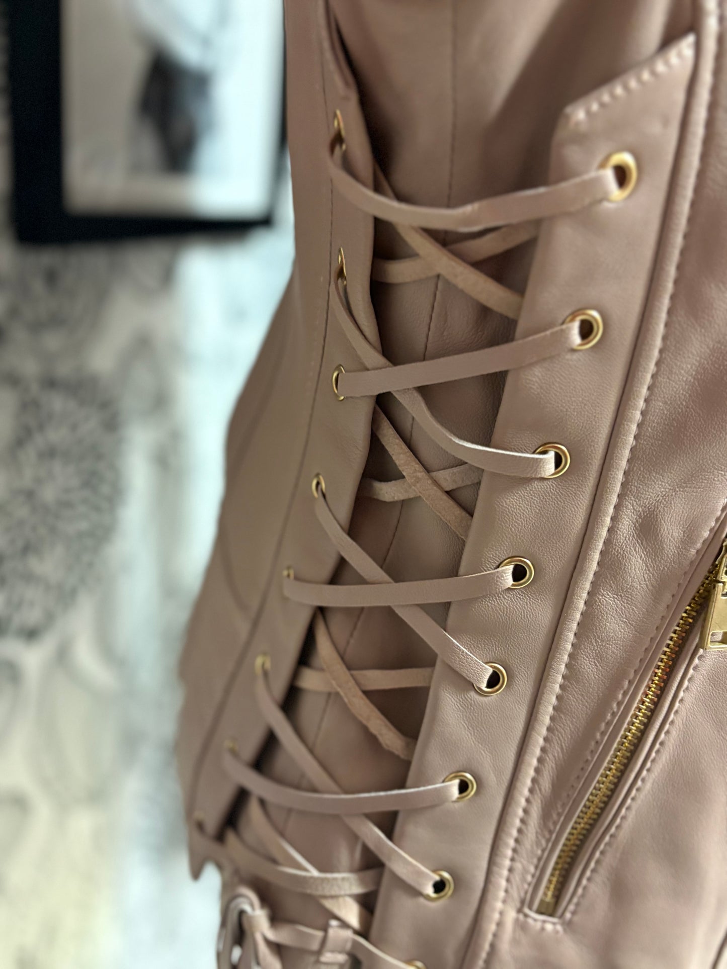 Genuine Leather Lace-Up Moto Jacket – Blush Nude (XS)