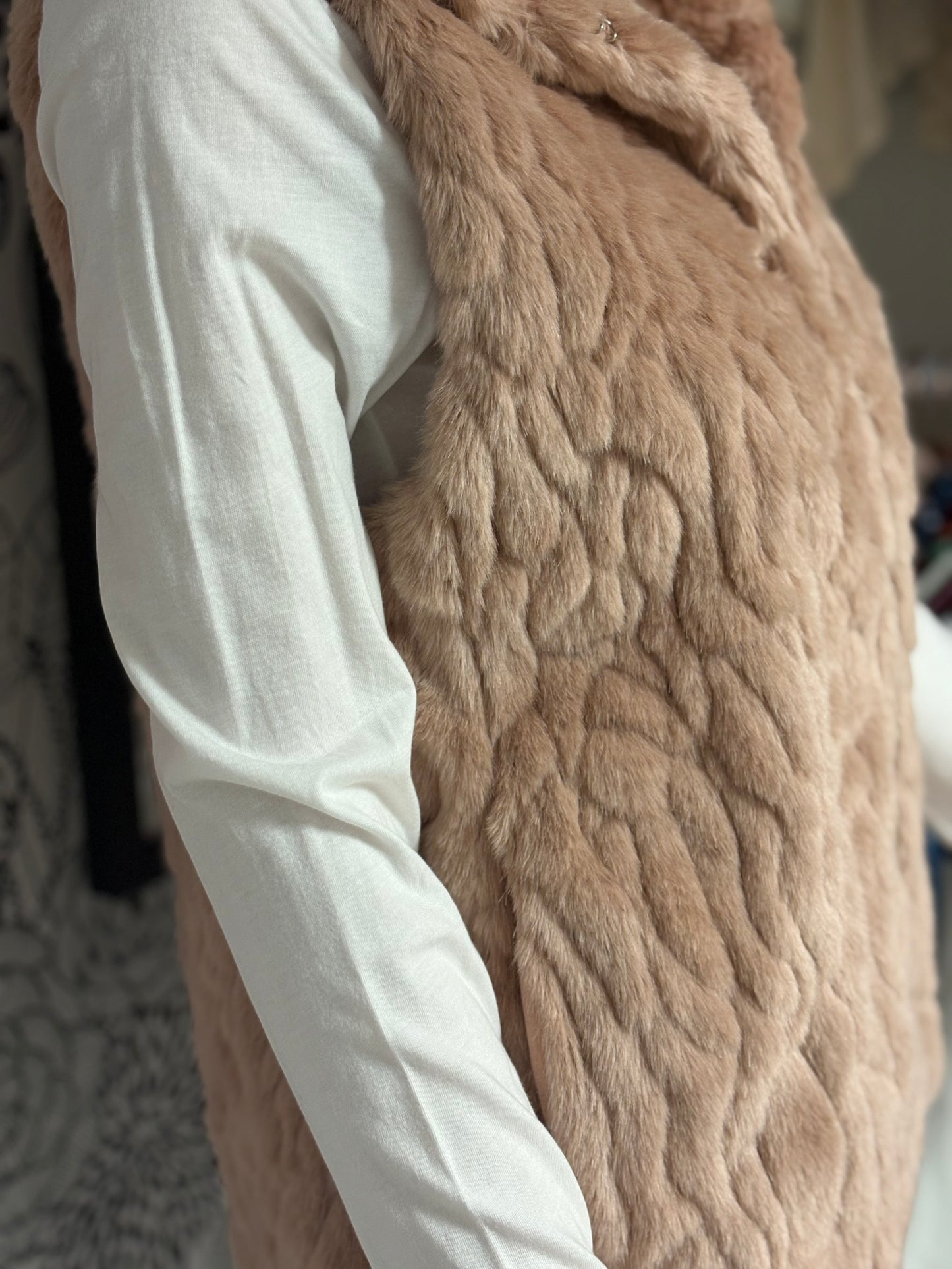 Express Faux-Fur Hooded Vest – Blush Nude (XS/S, NWT)