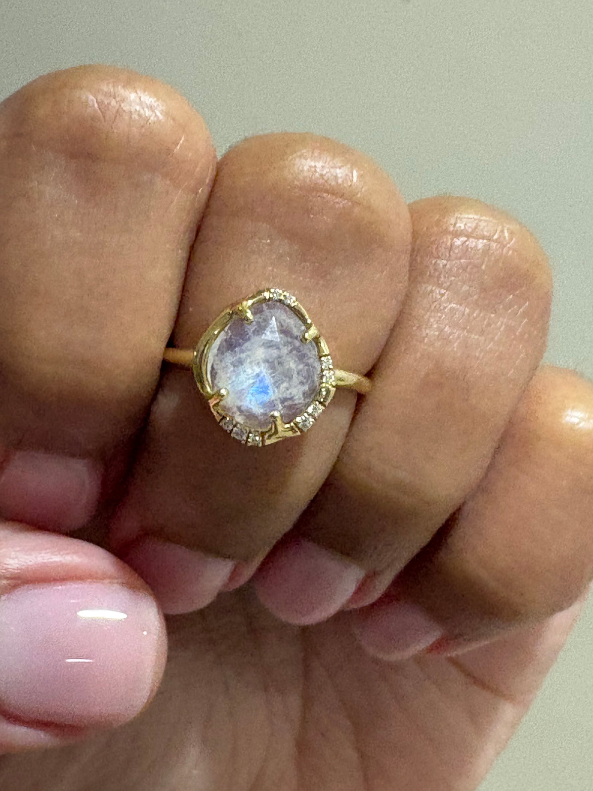 Sirciam Aphenos Rainbow Moonstone & Diamond Ring size 7– Handmade 14K Gold