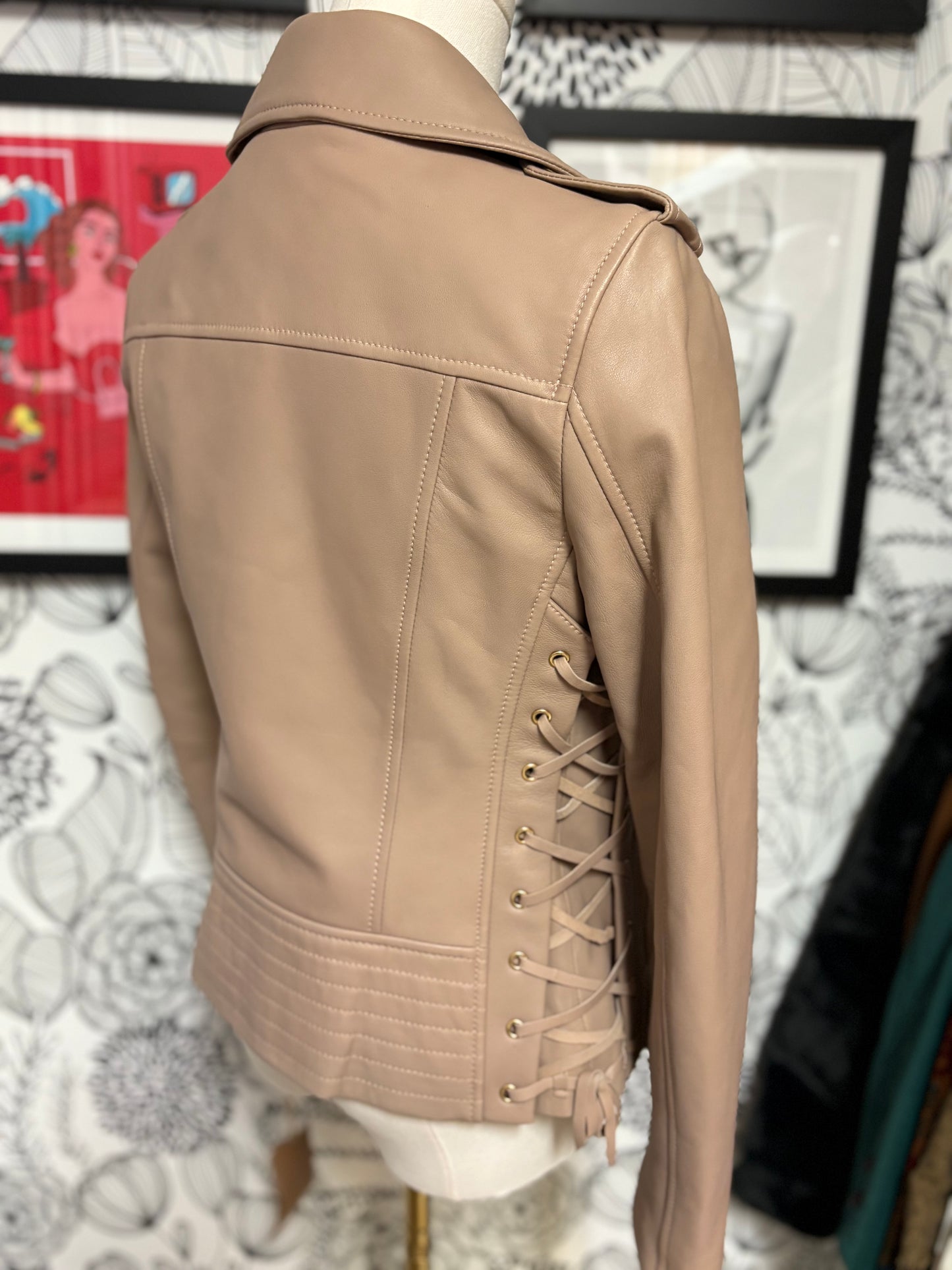 Genuine Leather Lace-Up Moto Jacket – Blush Nude (XS)