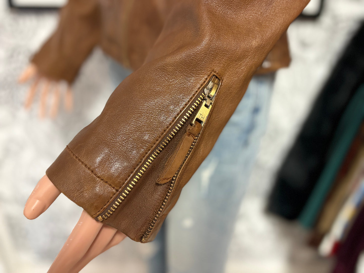 Tommy Hilfiger Genuine Leather Moto Jacket – Cognac Brown – Size S – NWT