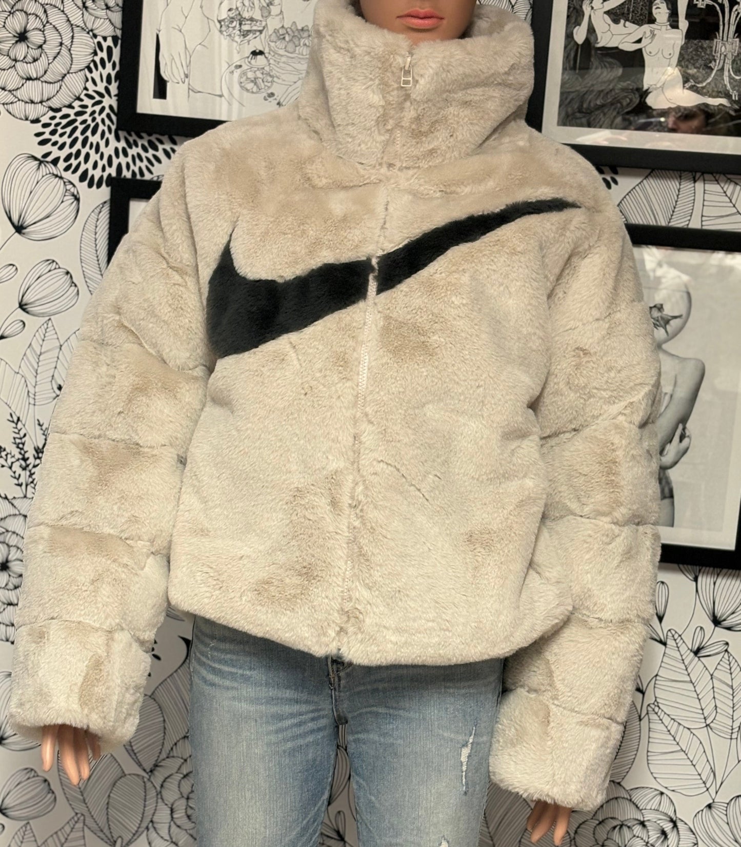 Nike Sportswear Women’s Faux-Fur Swoosh Puffer Jacket – Fossil/Black (Rare, Size Small)