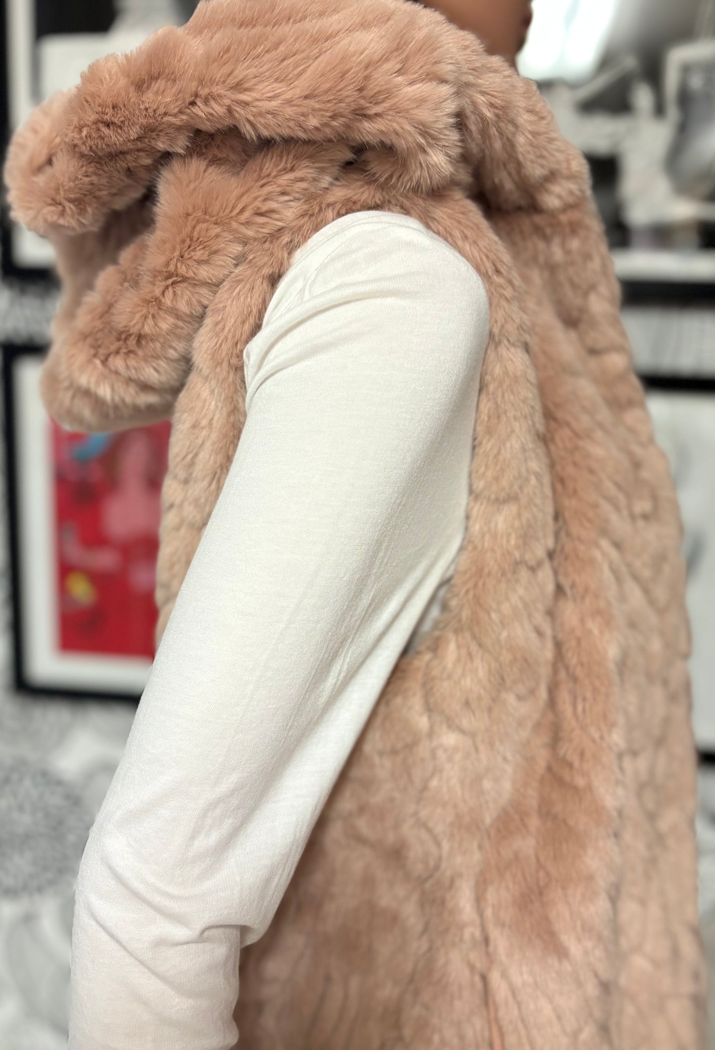 Express Faux-Fur Hooded Vest – Blush Nude (XS/S, NWT)