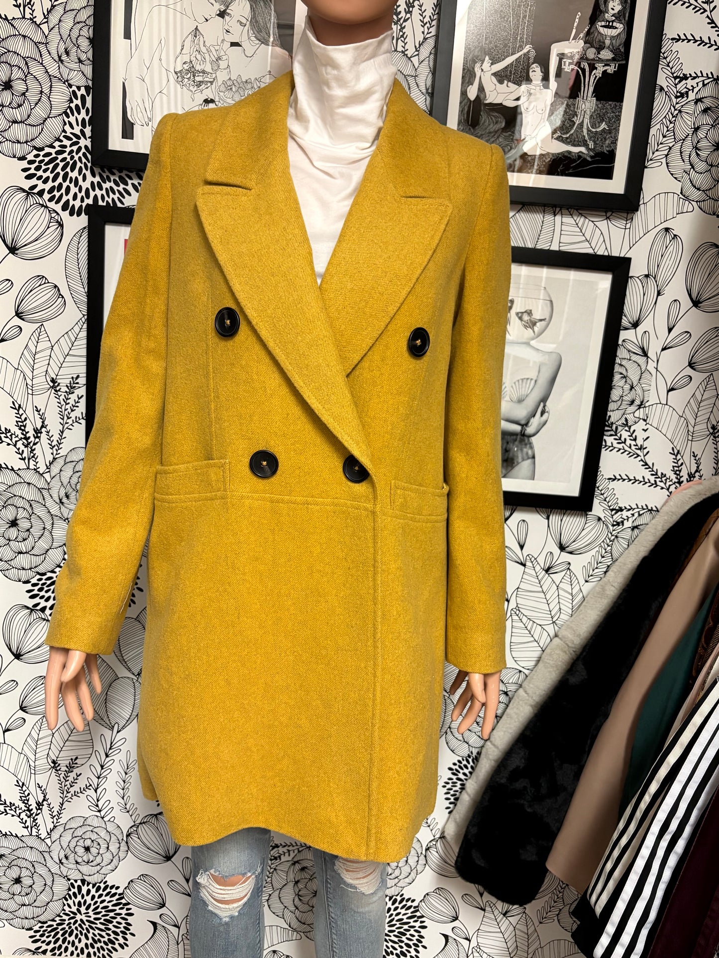 MNG Mango Mustard Yellow Double Breasted Wool Coat – New With Tags